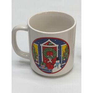 2 Lillian Vernon Christmas Holiday Scene Mug Snowman Wreath 1986 Vintage